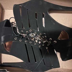 Dollhouse Black Strappy Lace-Up Heels